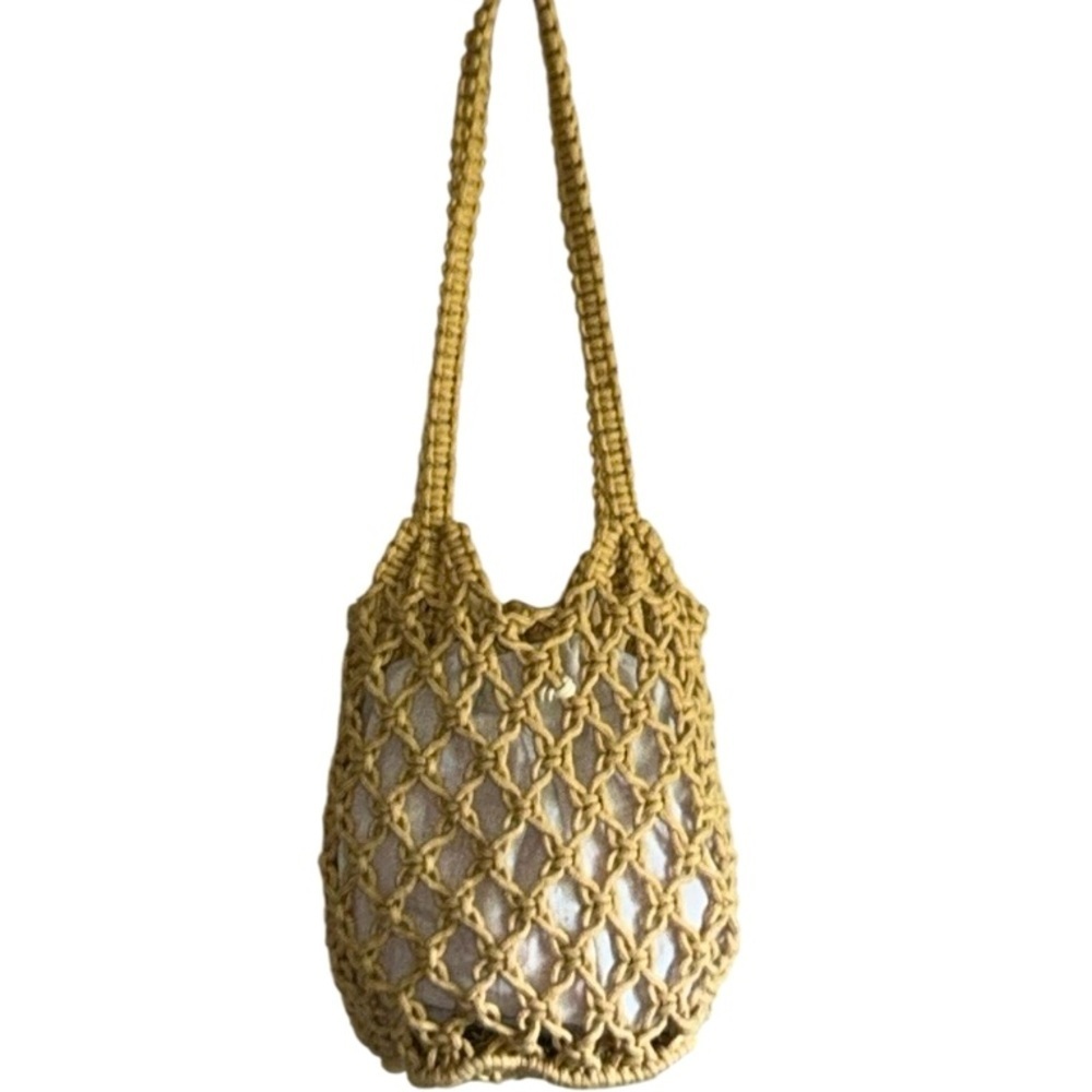 Summer Crochet Rope Shoulder Bag Tote with Drawstring Insert in Tan - Picture 8 of 8